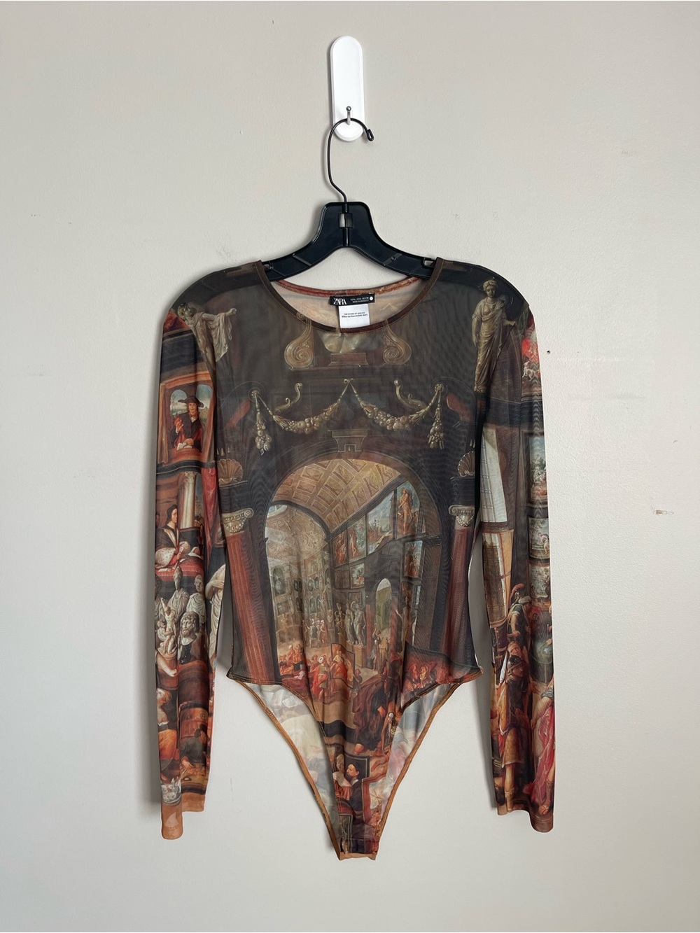 ZARA Brown Renaissance Multi-Scene Sheer Long-Sleeve Bodysuit Sz L